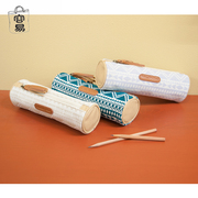 Original wind ethnic wind woven flower fabric simple large-capacity cylindrical pencil case