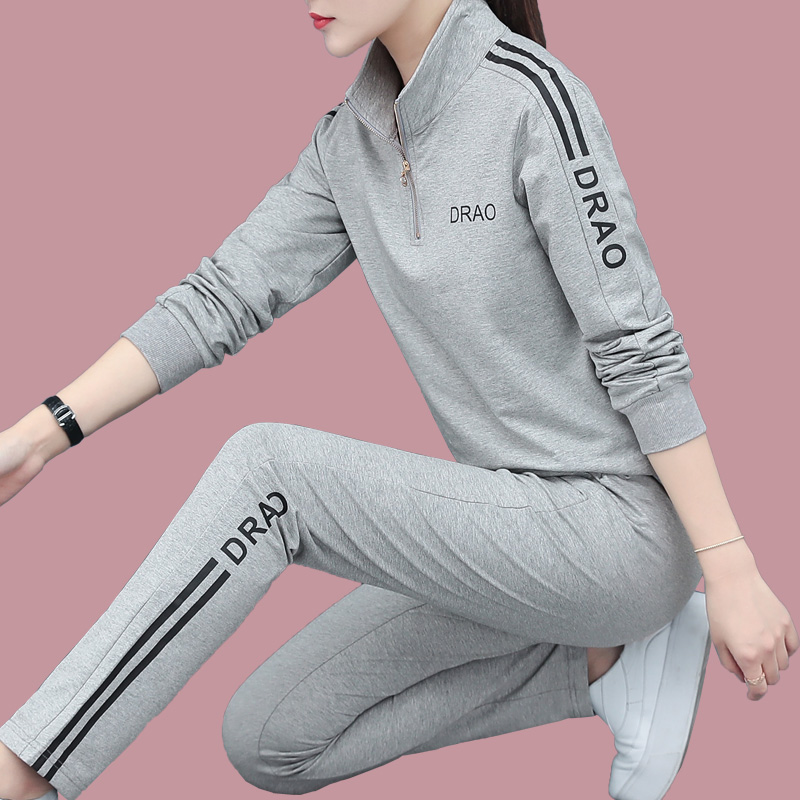 纯棉春季运动服套装女2022新款妈妈装宽松显瘦时尚春秋休闲两件套