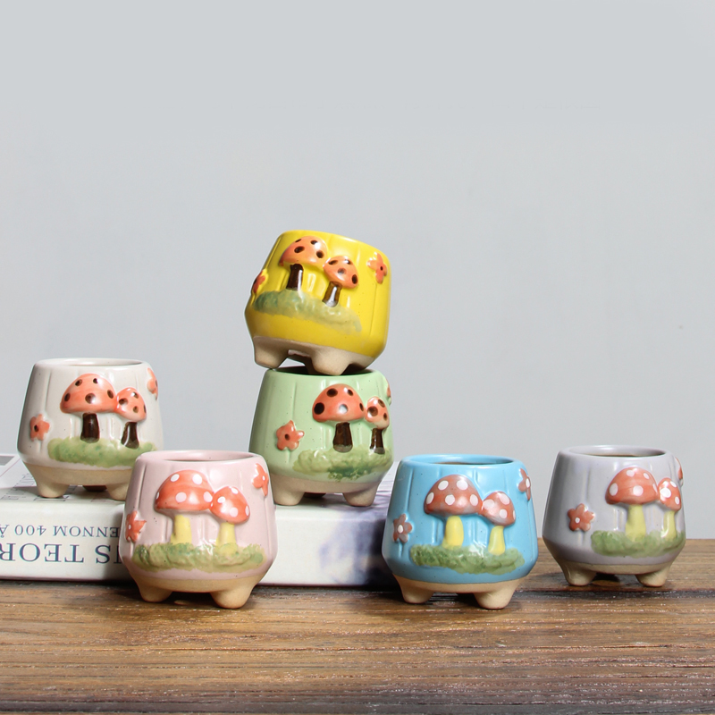 多肉花盆创意个性小号花盆粗陶韩式手绘控型盆可爱蘑菇迷你拇指盆