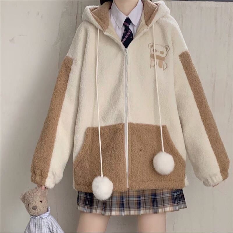 原创冬季jk制服裙正版可爱小熊外套连帽羊羔毛秋冬圣诞jk套装格裙
