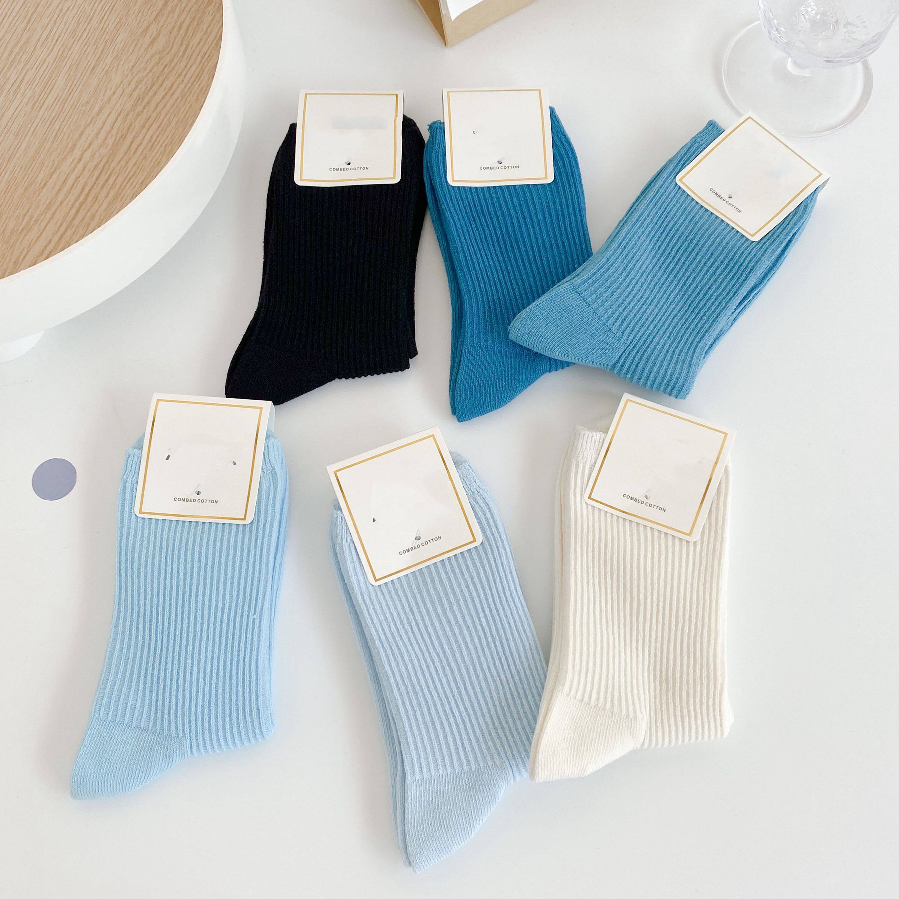 蓝色袜子女夏季中筒薄款ins潮堆堆袜2021纯棉夏天配凉鞋长筒韩国