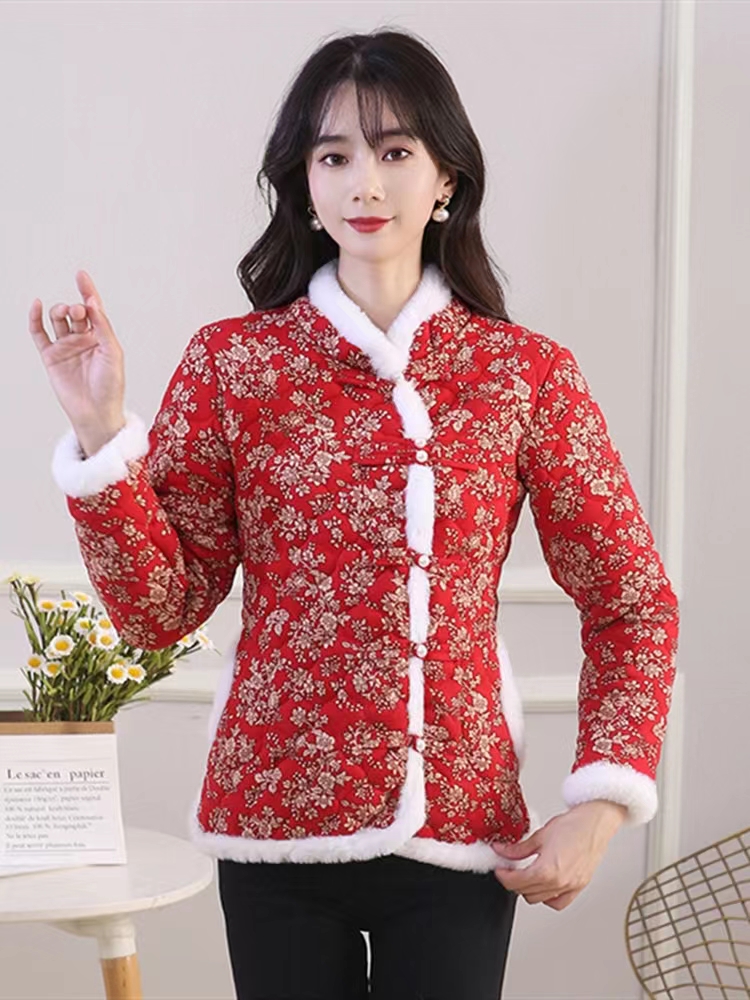 花棉袄女冬装新款民族风棉衣中老年妈妈时尚农村花袄喜庆过年棉服
