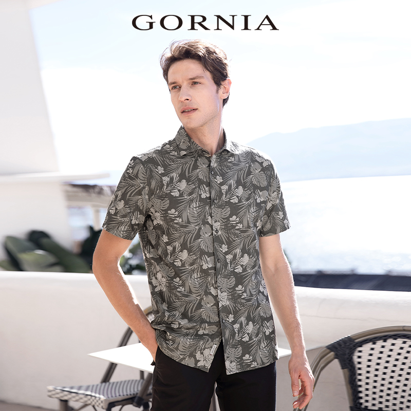 GORNIA/格罗尼雅男士短袖衬衫纯棉面料休闲印花半袖衬衣