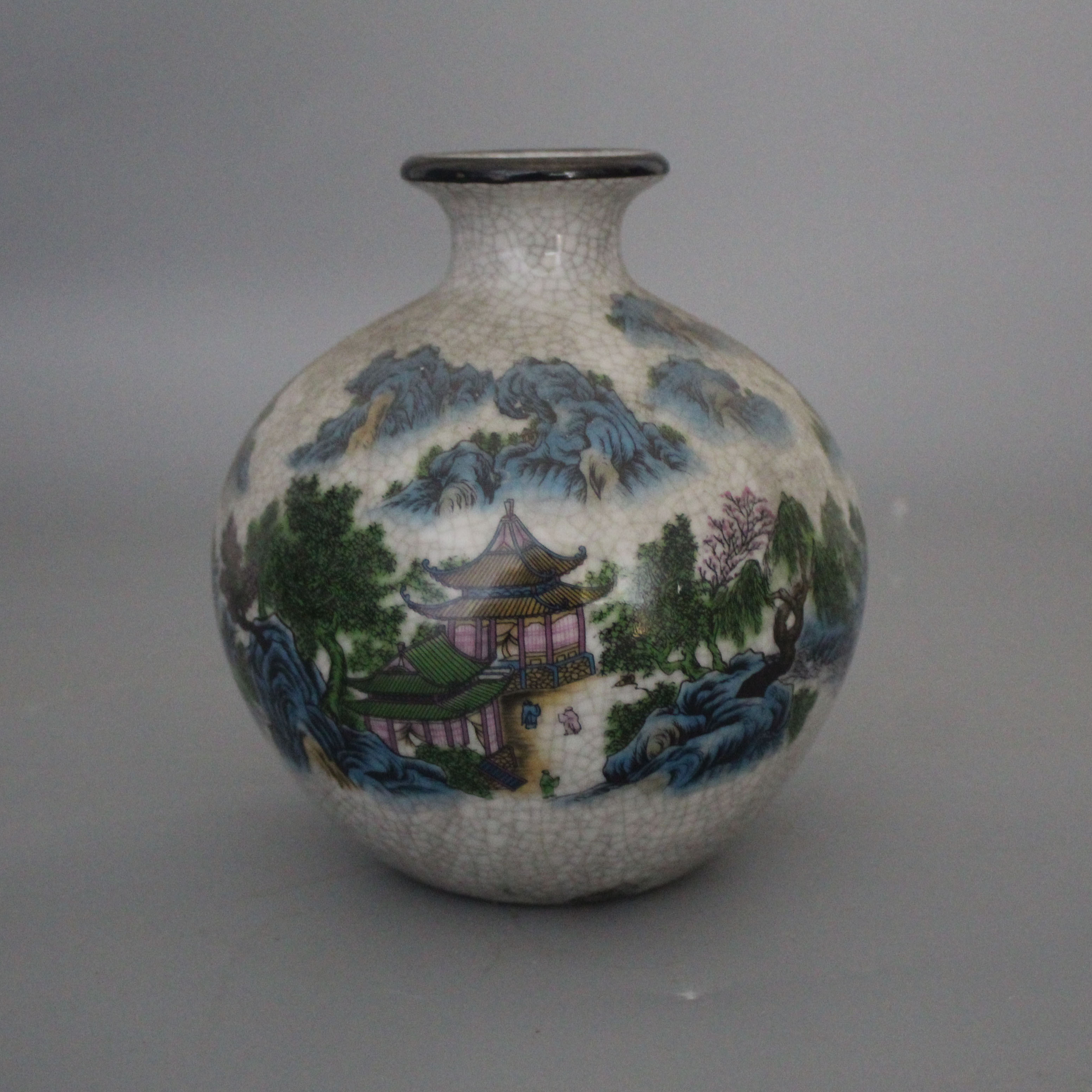 景德镇仿清乾隆开片裂纹釉粉彩石榴瓶仿古玩古董桌柜