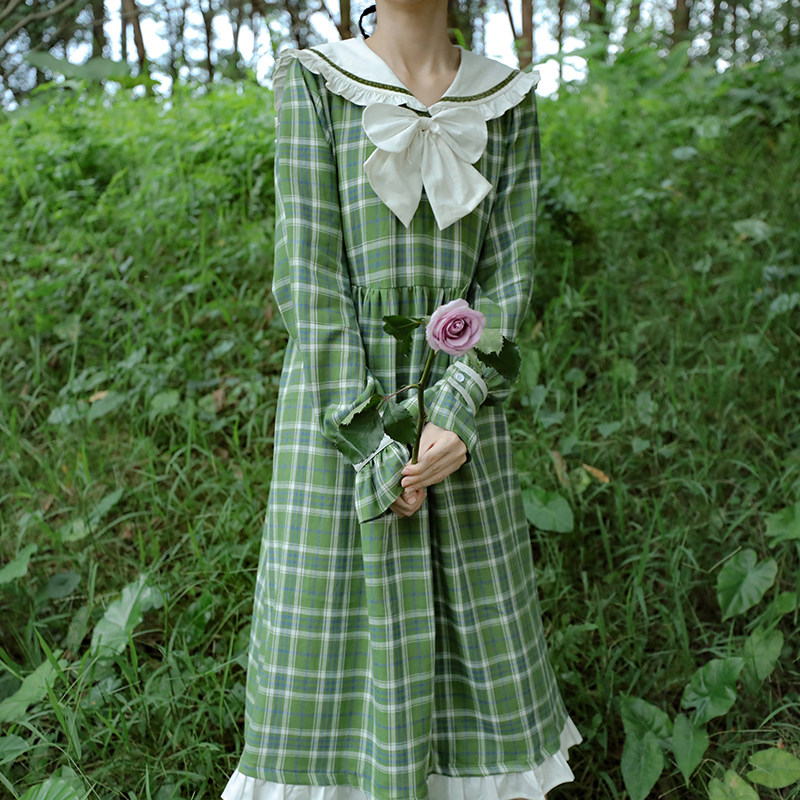 芝士日【油果薄荷】原创绿格裙木耳边连衣裙拼接荷叶边法式lolita
