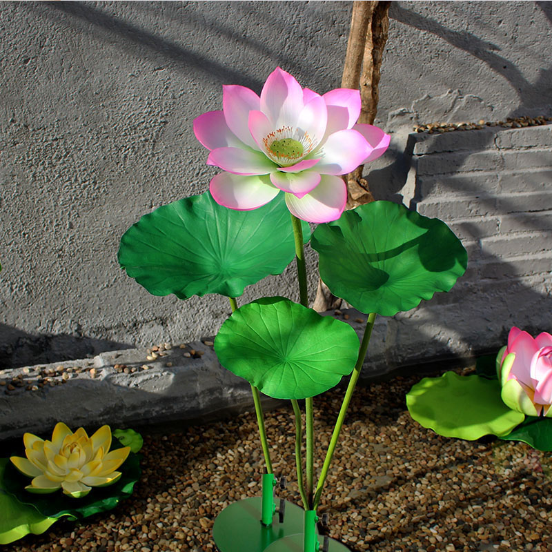 仿真荷花塑料花绢花水景观装饰荷叶手感花艺中式假花鱼池造景摆件