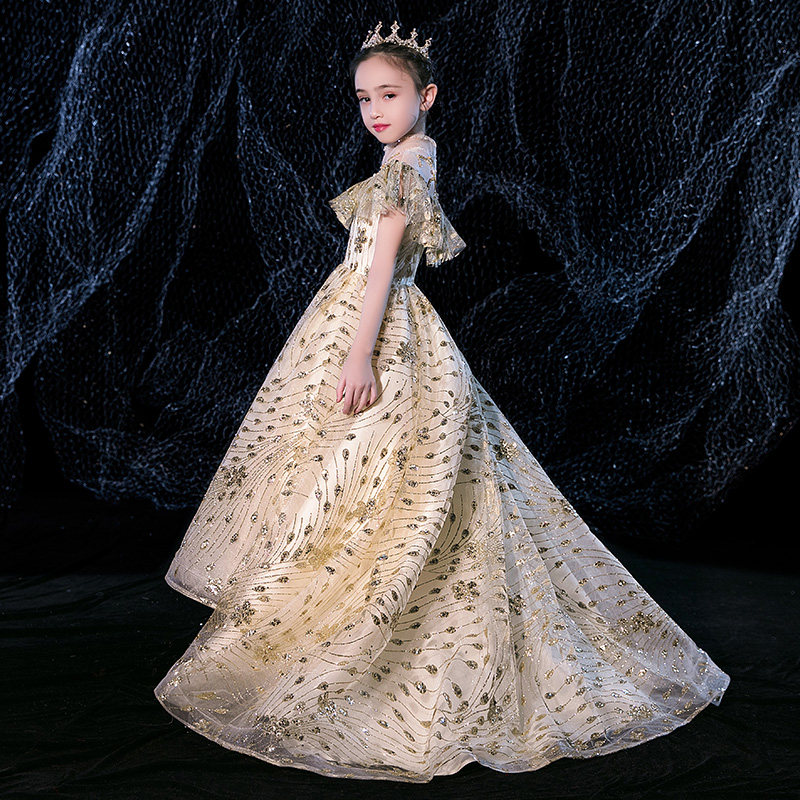 儿童模特走秀演出服女童拖尾高端晚礼服小女孩洋气公主裙蓬蓬纱夏
