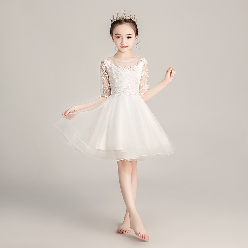 女童公主裙花童婚纱蓬蓬纱儿童主持人白色礼服女孩洋气演出服秋冬