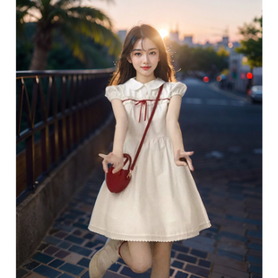 红丝带蕾丝花边娃娃领连衣裙女2023夏季新款甜美森系白色初恋裙子