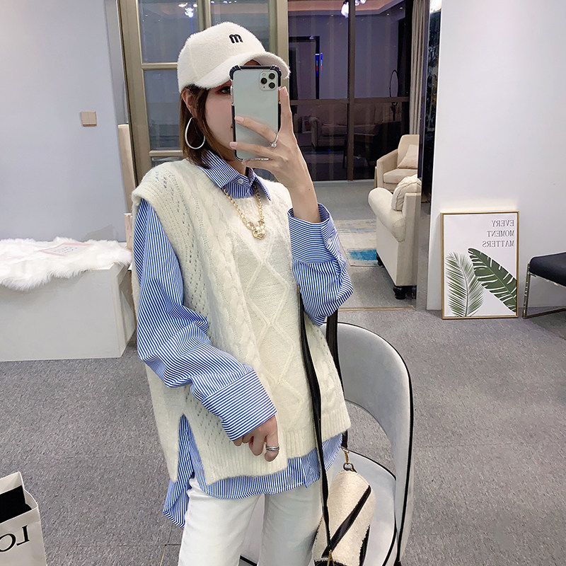 针织背心马甲两件套2020春新款女蓝白条纹衬衫韩版气质复古套装优惠券