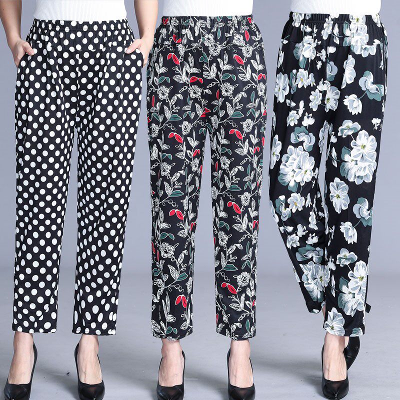 中老年夏季冰丝裤女长裤直筒高腰奶奶裤老人花裤子宽松妈妈裤九分