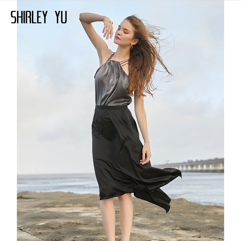 SHIRLEY YU2024春夏新款女装原创设计深灰色潮流排扣吊带挂脖上衣