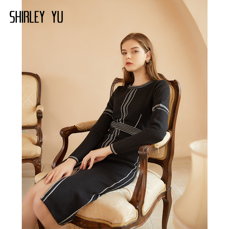 SHIRLEY YU2024春夏女装中长款开叉针织连衣裙过膝内搭打底毛衣裙