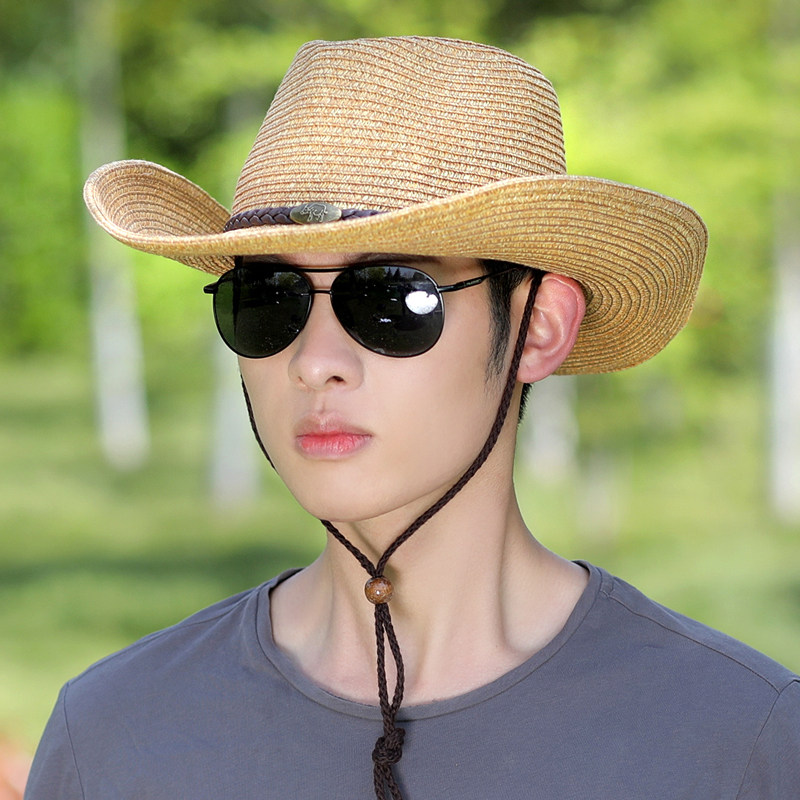 户外草帽男夏天海边沙滩帽西部牛仔帽子男士太阳帽防晒遮阳帽青年