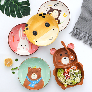 儿童餐盘陶瓷分格盘卡通可爱宝宝餐具套装家用碗碟勺子杯子全套装