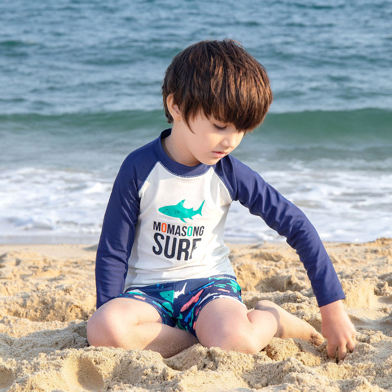 儿童泳衣长袖男童夏防晒宝宝小孩小中大童短裤沙滩分体游泳衣套装