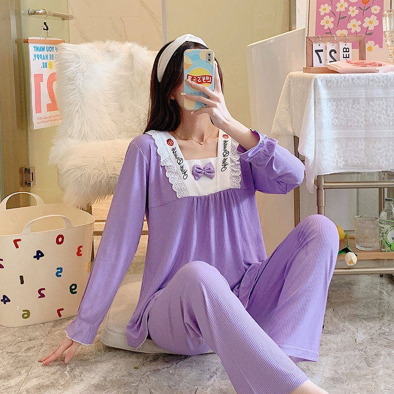 俏得美14批多款春秋季牛奶丝坑条娃娃领长袖睡衣女套装家居服