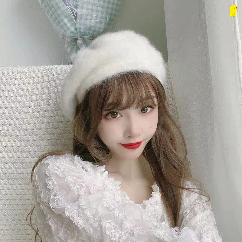 周幼琳同款仙女可爱白色兔毛毛绒贝雷帽女秋冬韩版日系百搭画家帽