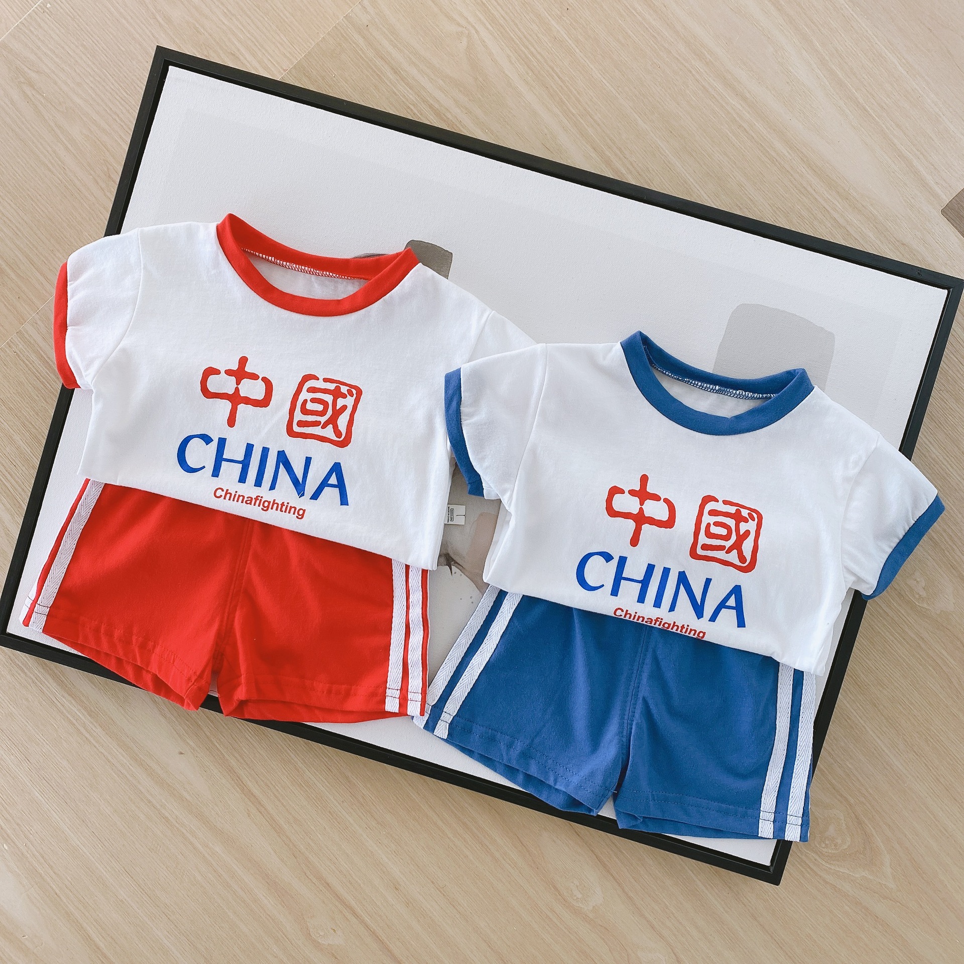 儿童中国套装夏2021新款男女童纯棉T恤宝宝运动两件套幼儿园班服