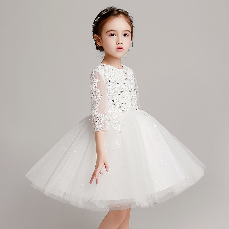 新品花童礼服公主裙女童婚纱生日蓬蓬儿童钢琴演出服白色主持人晚