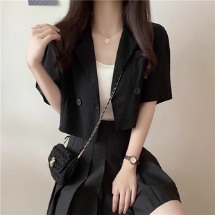 黑色短袖西装外套女夏季薄款设计感小众小个子短款休闲小西服上衣