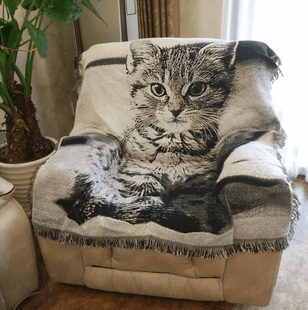妈妈的怀抱沙发靠背巾美式复古风猫咪图案棉麻沙发垫盖布沙发毯