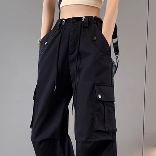 2024夏季新款美式黑色工装裤女小个子窄版高腰宽松直筒裤拖地长裤
