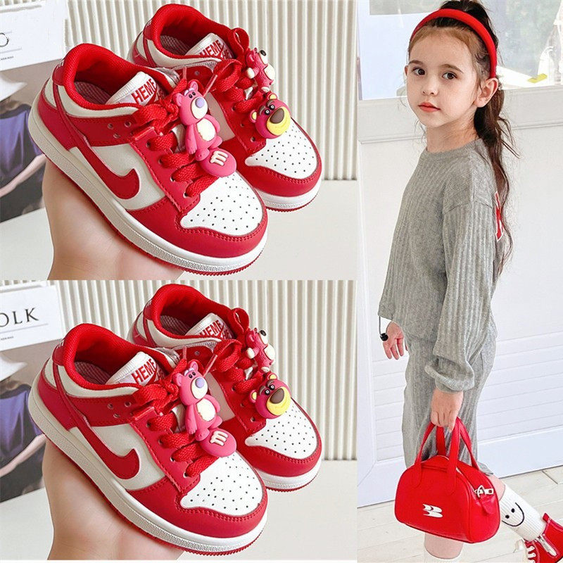 女童草莓板鞋aj红色熊红色真皮运动鞋休闲鞋童低运动鞋