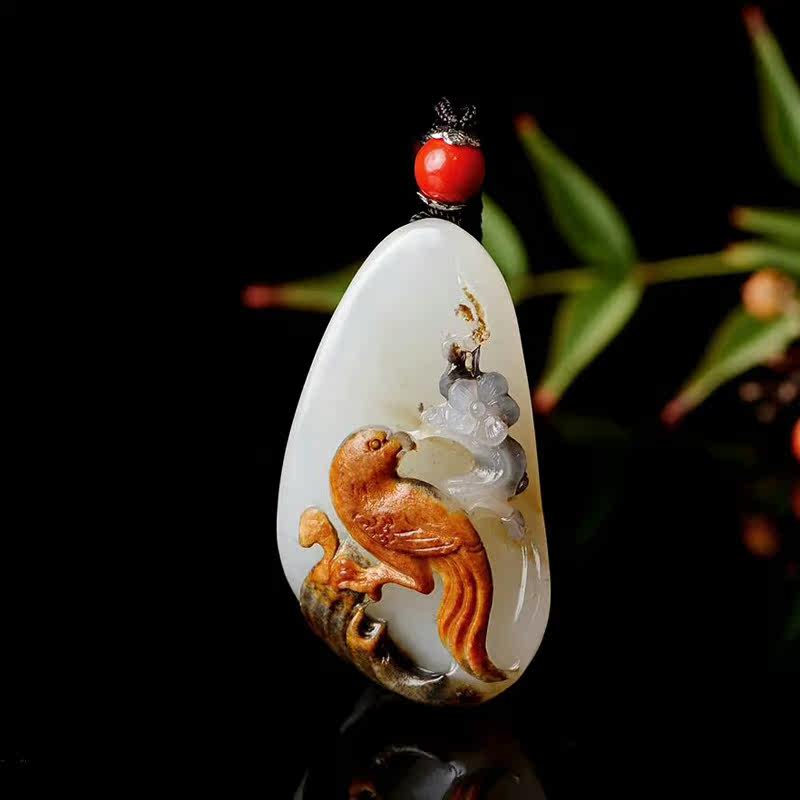 守望新疆和田玉俏色巧雕喜上眉梢喜鹊挂件吊坠天然俏色天然41.