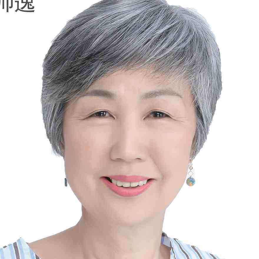 奶奶假发蓬松花白短发老人全头套白色全真发老太太光头假发套女