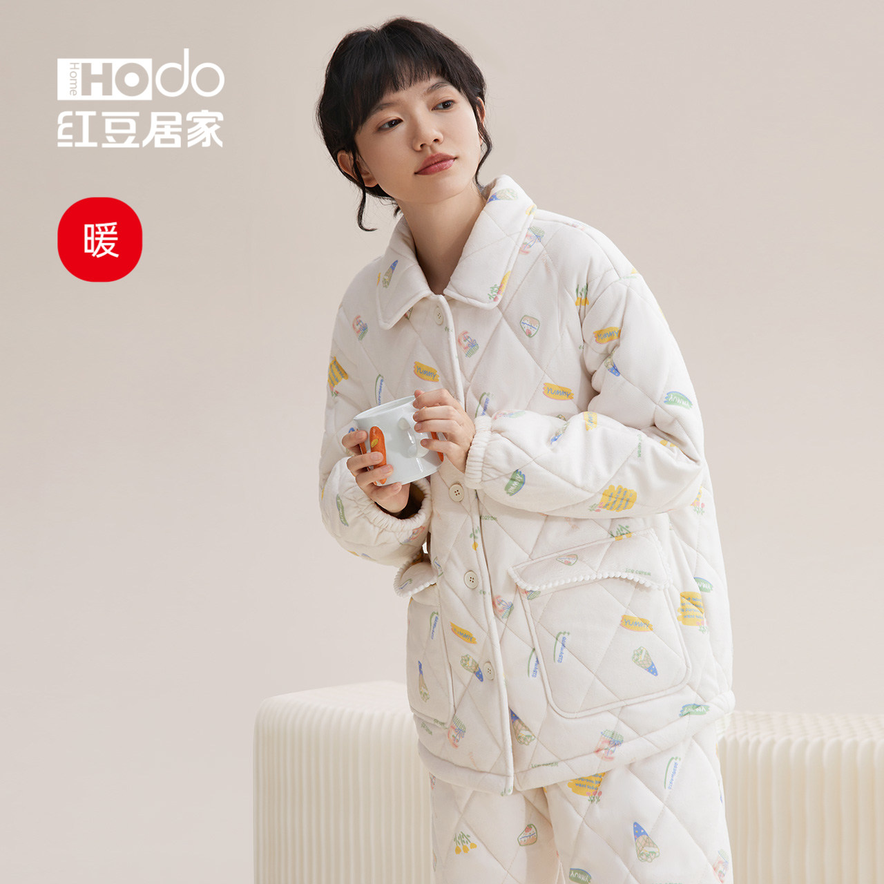 【暖感】红豆冬季加绒可外穿夹棉睡衣