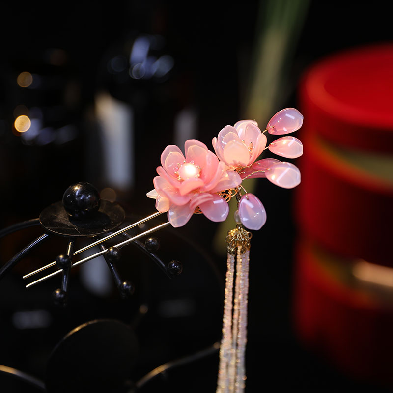 手工原创古风发钗超仙粉色花朵发簪古装步摇发饰头饰汉服古装配饰