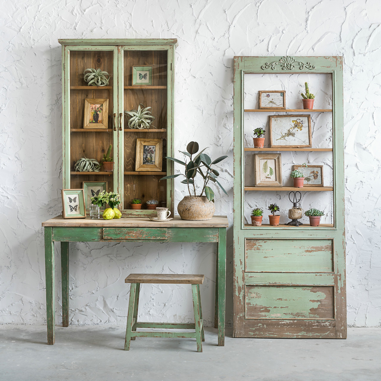 润家美式乡村欧式绿色做旧柜子复古家居橱柜壁柜罗马柱架子餐边柜