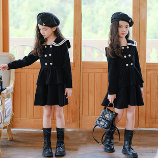 新款女童连衣裙韩版秋季时尚洋气学院风裙子儿童长袖海军领公主裙