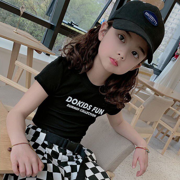 新款童装女童短袖t恤2021夏季新款儿童字母短款上衣中大童露肚脐t