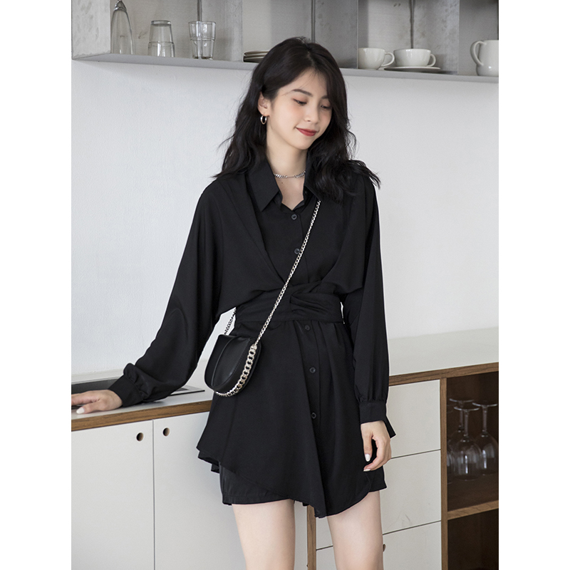 春款2022年新款春秋女装衬衫裙子春季短裙早春黑色连衣裙两件套女
