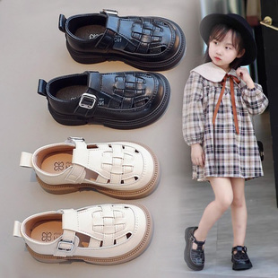 女童镂空罗马凉鞋2024年夏季新款女孩宝宝软底编织黑色皮鞋公主鞋