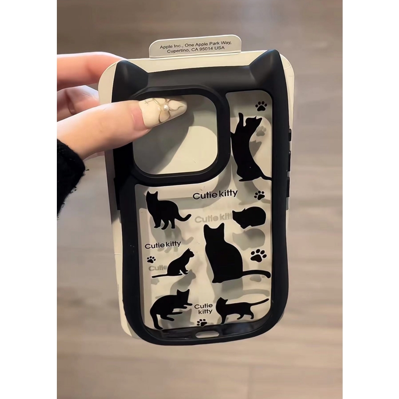 ins风猫耳边框黑猫小动物插画适用苹果15promax新款iPhone14pro防摔手机壳iPhone13promax个性创意12潮流11