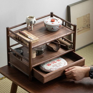 黑胡桃木带抽屉中式博古架实木桌面小型置物架茶杯架子茶具收纳架