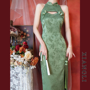 巷里复古绿色改良版旗袍年轻款少女修身镂空性感气质无袖连衣裙夏