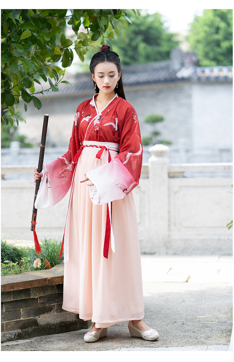 夏装古装女束腰古风超仙交领齐腰新年中国风大红色汉服套装