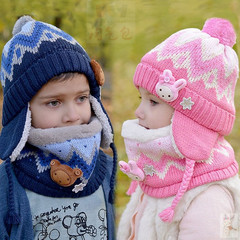 韩国代购儿童帽子围脖两件套儿童宝宝保暖毛线护耳帽子围脖套装
