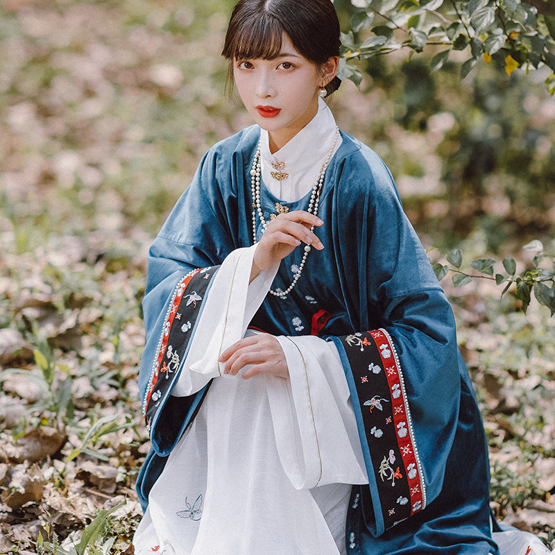 池夏 墨:白 明制立领对襟直袖交领琵琶袖短衫 原创改良汉服女百搭