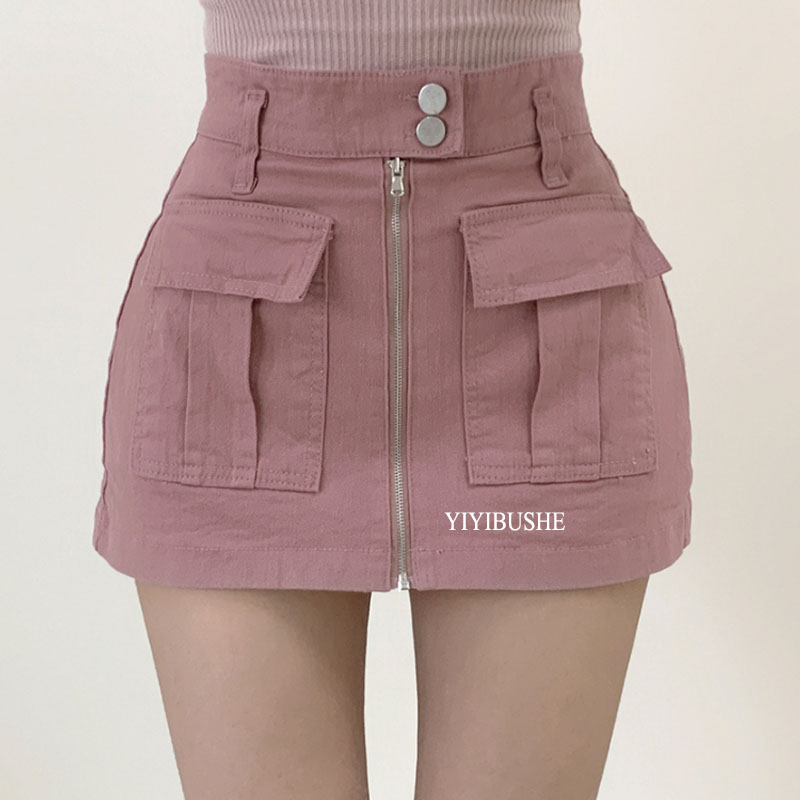 韩国代购正品ZH031甜酷可人~活力粉色小俏皮双钮口袋半身裙裤