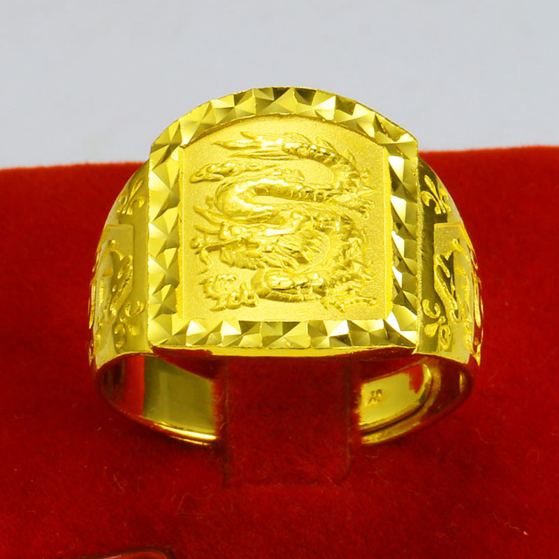 正品黄金戒指9999足金男款宽大扳指龙纹龙戒活口长方戒子纯金首饰