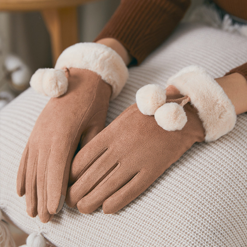 手套女士秋冬季触屏加绒保暖麂皮绒可爱学生手套冬天骑车加厚ins