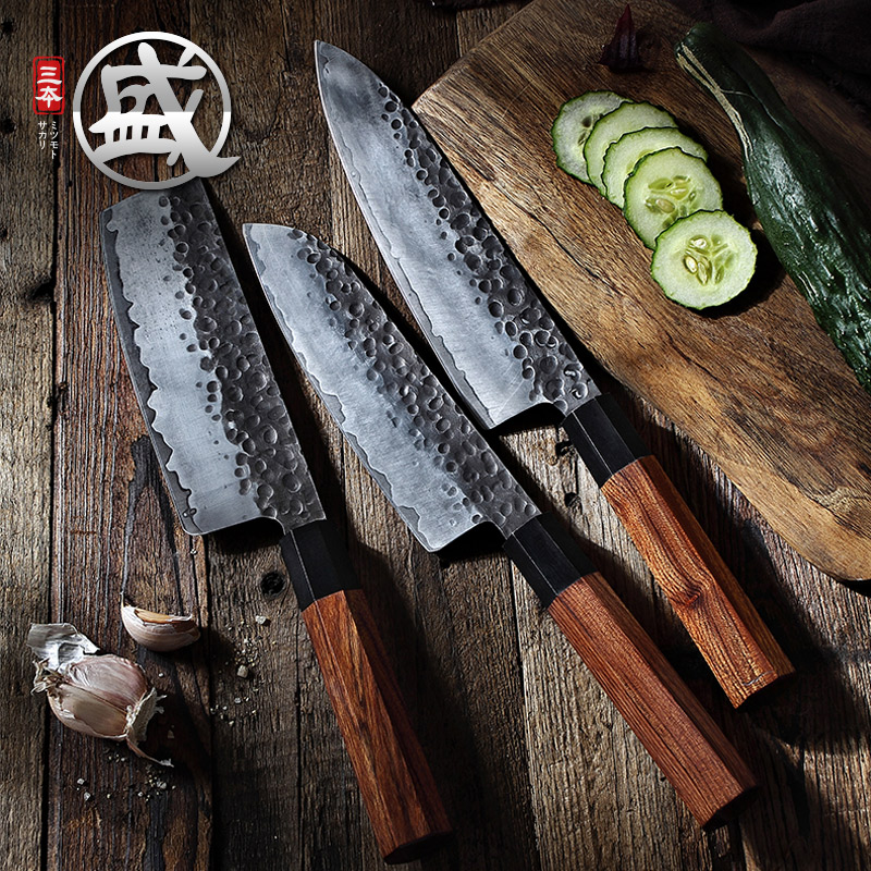 日本三本盛厨师三德刀日式菜刀主厨刀专用不锈钢厨房家用套装组合