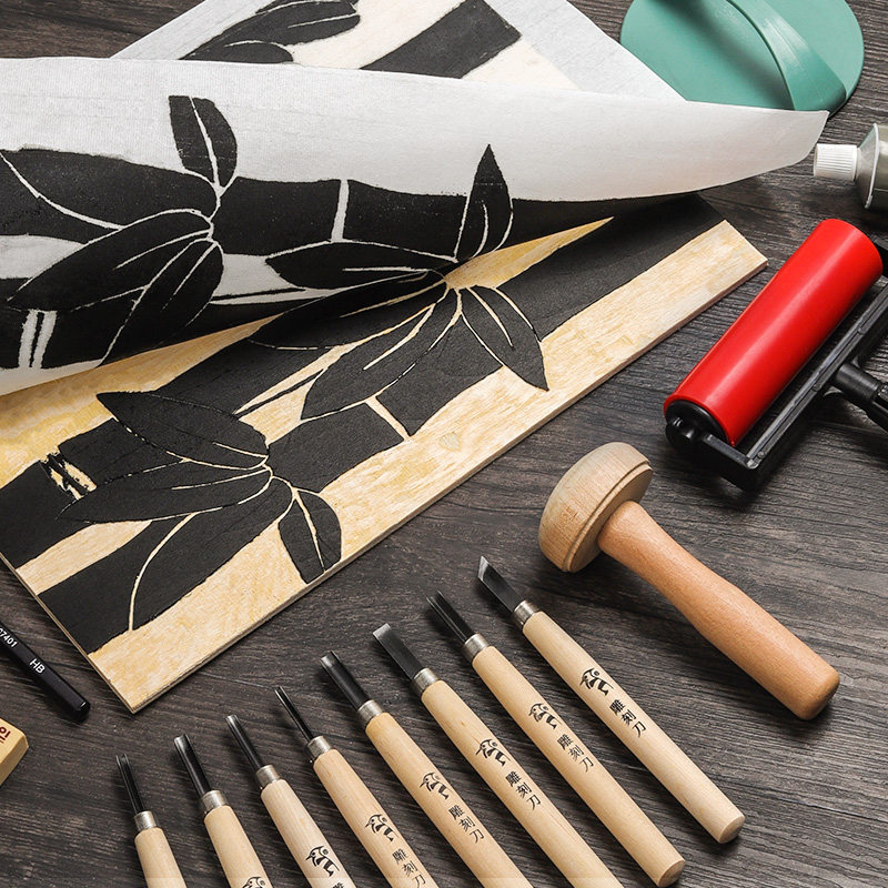 版画工具套装木刻板雕刻材料木板画马利牌黑色版画油墨胶板初学者专用