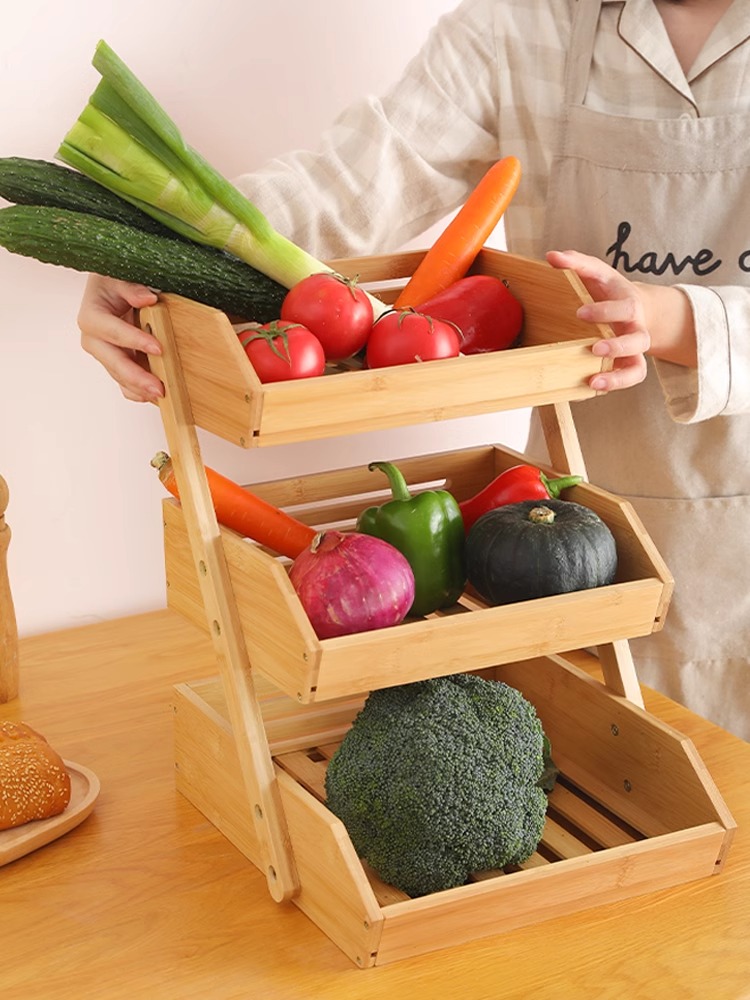 竹木多功能置物架厨房桌面零食收纳篮面包水果蔬菜储物多层沥水架