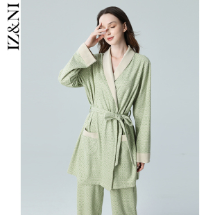 IIZZINI 秋冬新品睡衣女长袖珊瑚绒薄款法兰绒系带家居服套装